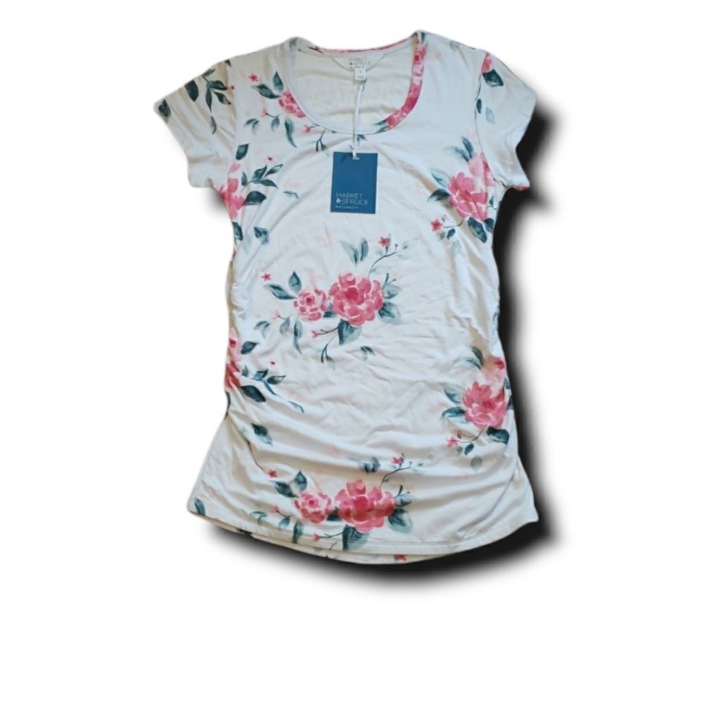 Market & Spruce Solis Maternity Floral‎ Ruched S/S Top White Pink Small